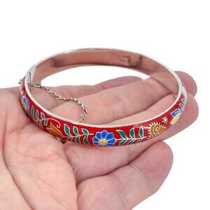 Vintage Sterling Silver Red Enamel Floral Bangle Hinge Bracelet 7.75"